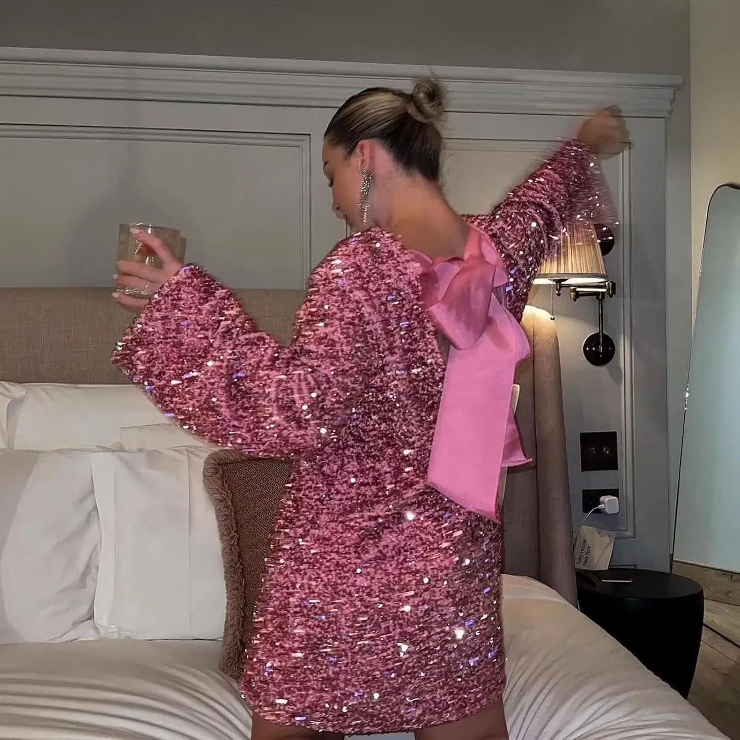 Sequin Dress for Women Long Sleeve Sparkly Dresses Back Petersham Ribbon Bow Party Night Out Club Festival Mini Dress