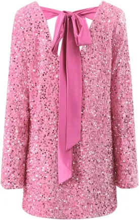 Sequin Dress for Women Long Sleeve Sparkly Dresses Back Petersham Ribbon Bow Party Night Out Club Festival Mini Dress