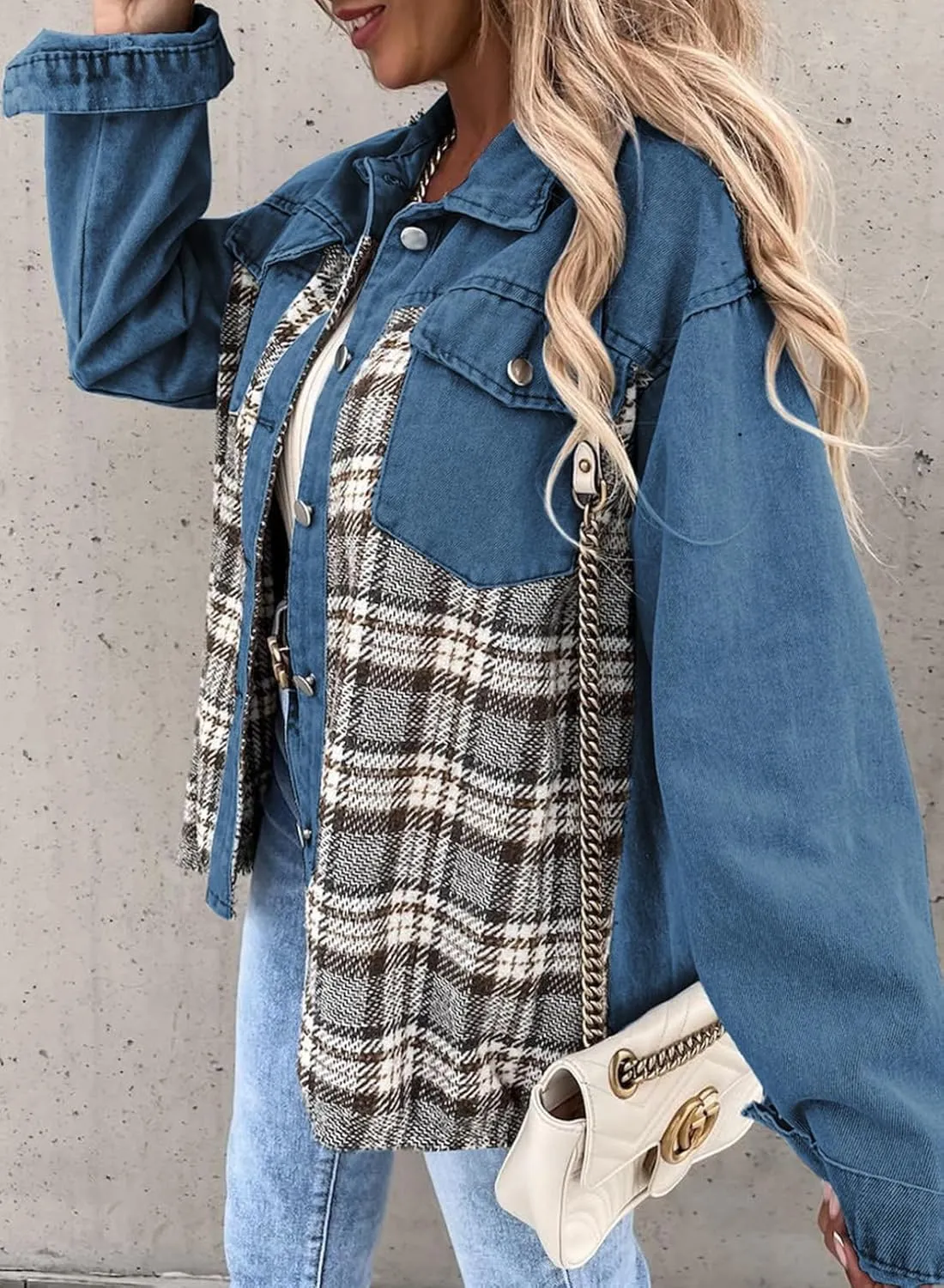 SHEWIN Women's Oversized Denim Jacket Casual Long Sleeve Button Down Plaid Shacket Boyfriend Jean Jacket With Pockets