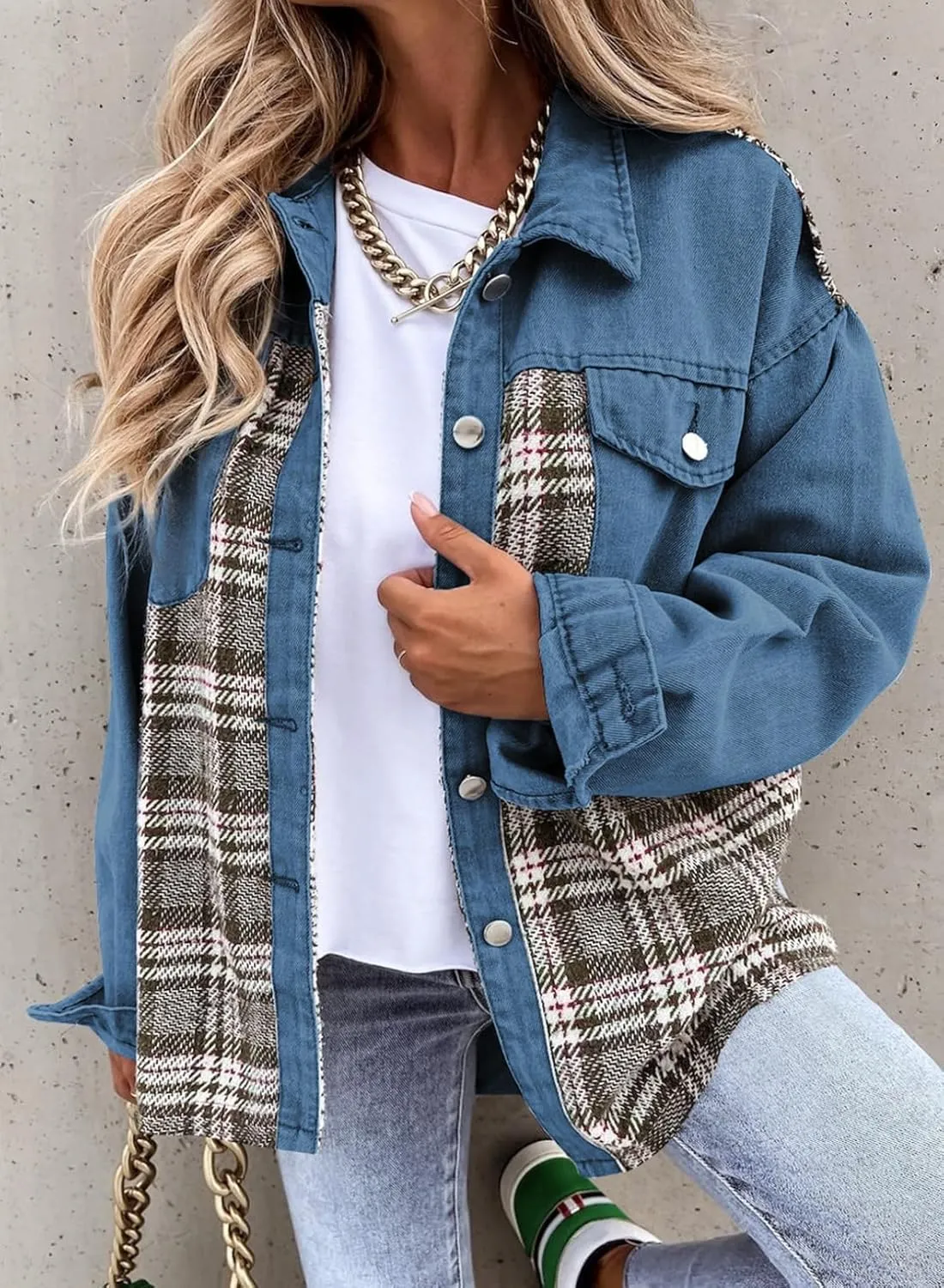 SHEWIN Women's Oversized Denim Jacket Casual Long Sleeve Button Down Plaid Shacket Boyfriend Jean Jacket With Pockets