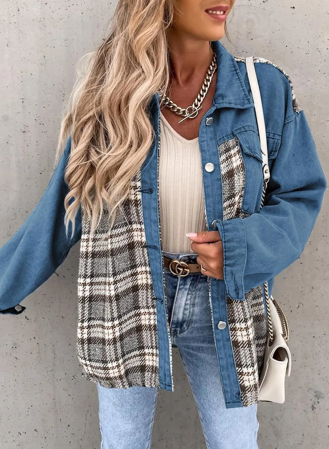 SHEWIN Women's Oversized Denim Jacket Casual Long Sleeve Button Down Plaid Shacket Boyfriend Jean Jacket With Pockets