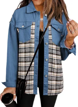 SHEWIN Women's Oversized Denim Jacket Casual Long Sleeve Button Down Plaid Shacket Boyfriend Jean Jacket With Pockets