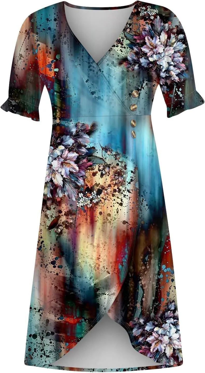 Shift Dresses for Women Faux Wrap Irregular Hem Boho Midi-Dress Elegant Summer 2024
