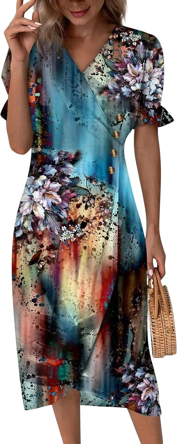 Shift Dresses for Women Faux Wrap Irregular Hem Boho Midi-Dress Elegant Summer 2024