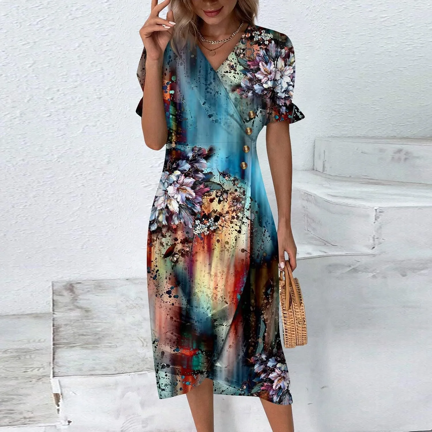 Shift Dresses for Women Faux Wrap Irregular Hem Boho Midi-Dress Elegant Summer 2024
