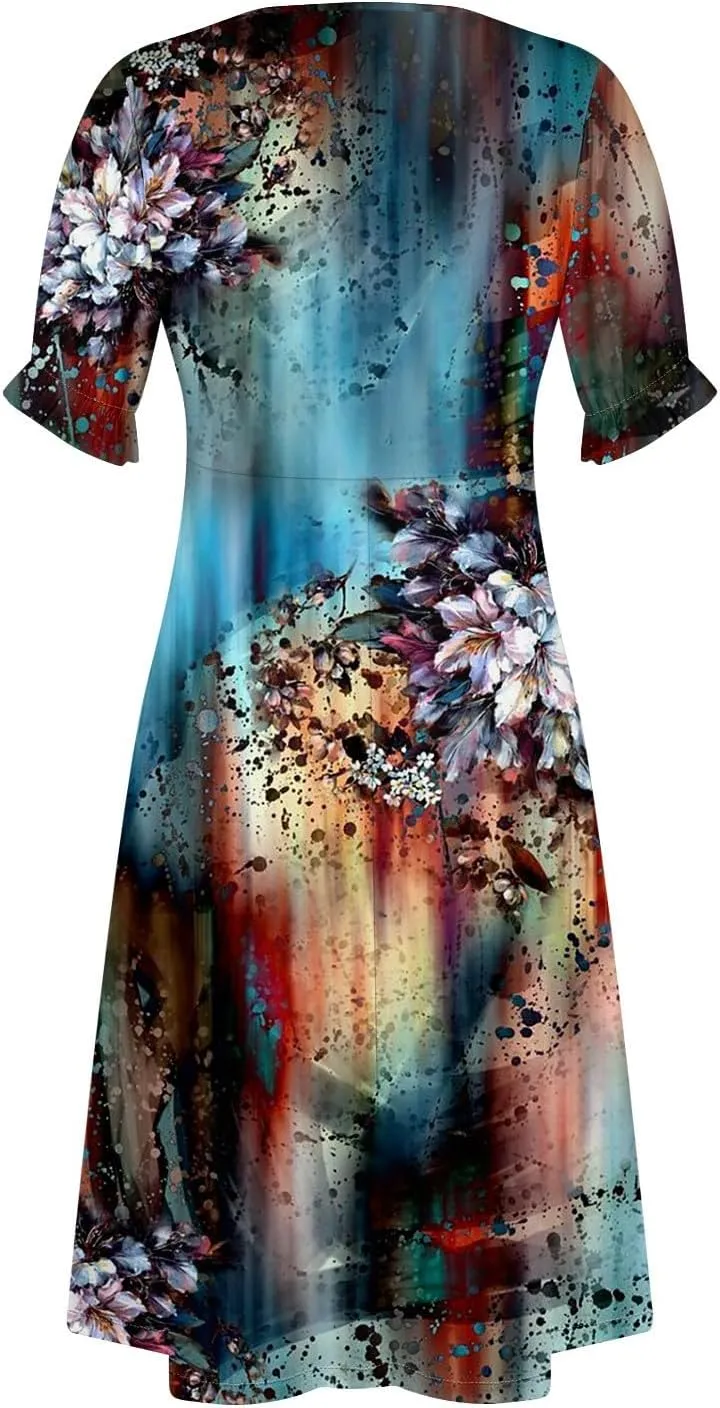 Shift Dresses for Women Faux Wrap Irregular Hem Boho Midi-Dress Elegant Summer 2024