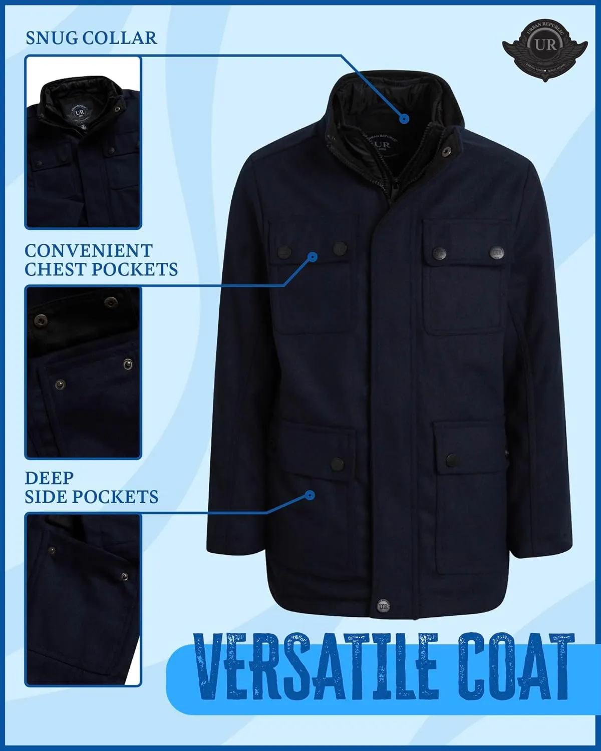URBAN REPUBLIC Boys Wool Dress Coat - Warm Stylish Winter Jacket with Double Zip and Snap Closure and Bib Insert (Size: 4-20)