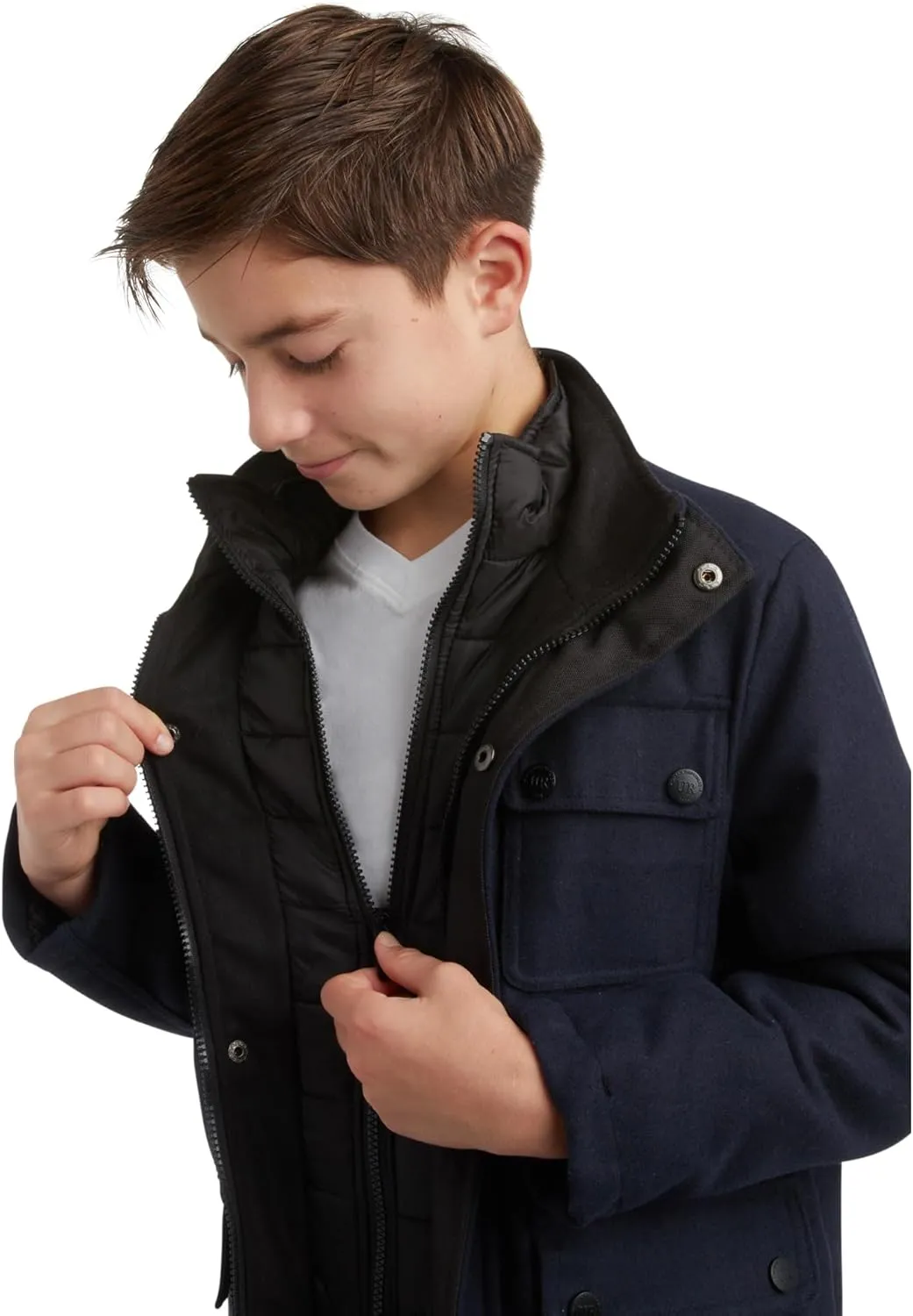 URBAN REPUBLIC Boys Wool Dress Coat - Warm Stylish Winter Jacket with Double Zip and Snap Closure and Bib Insert (Size: 4-20)