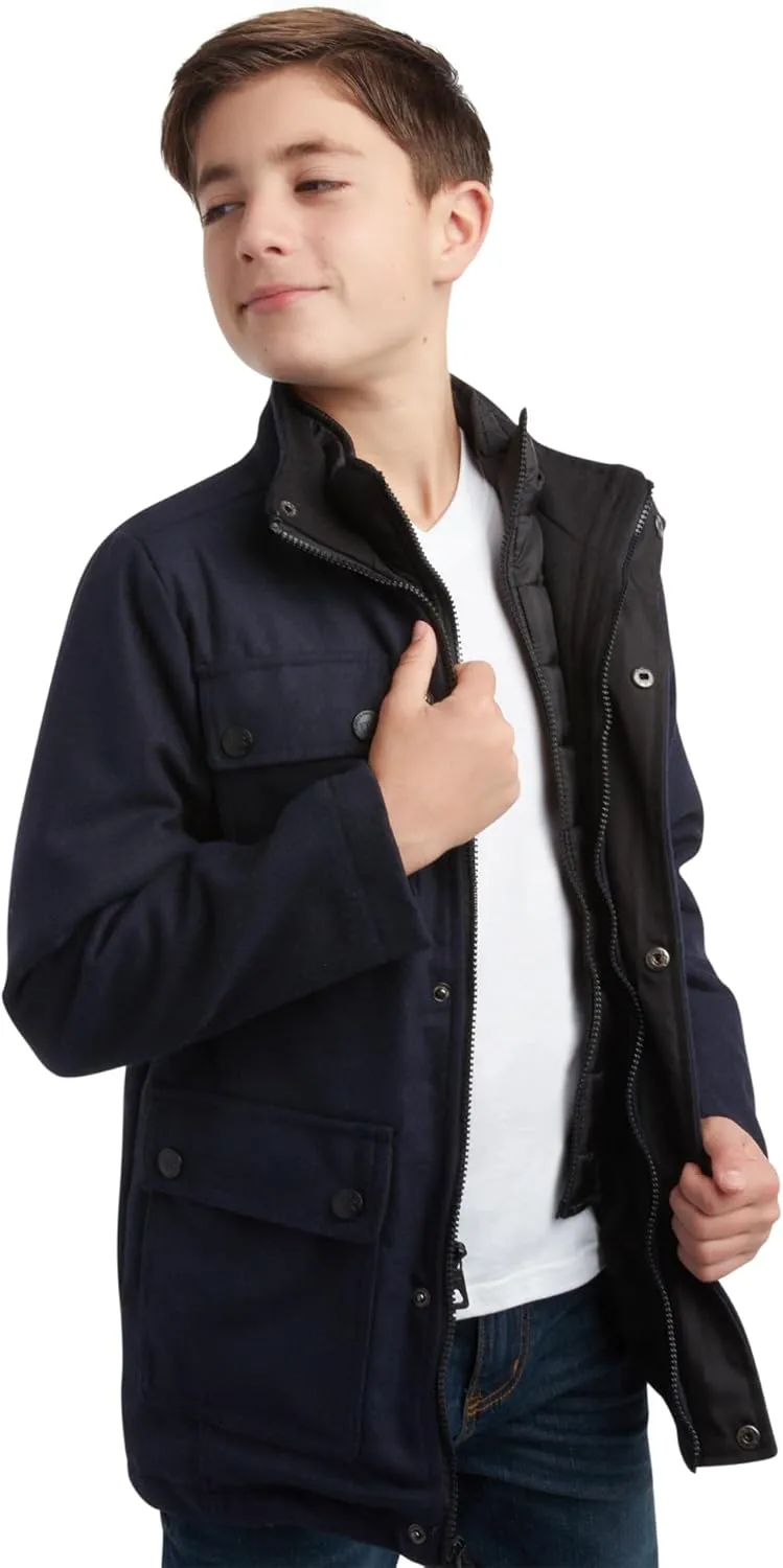 URBAN REPUBLIC Boys Wool Dress Coat - Warm Stylish Winter Jacket with Double Zip and Snap Closure and Bib Insert (Size: 4-20)