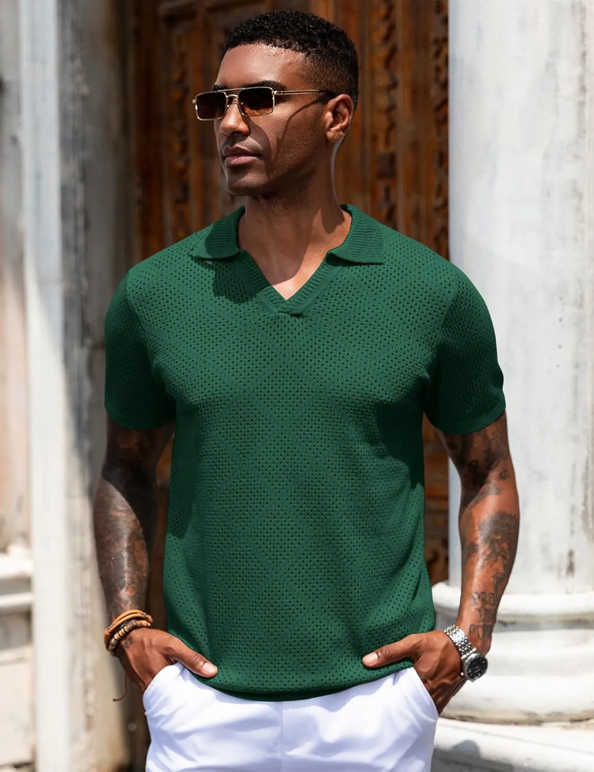 URRU Mens Knit Polo Shirt Short Sleeve Hollow Out Shirt Texture Knitted Polo Shirts for Men