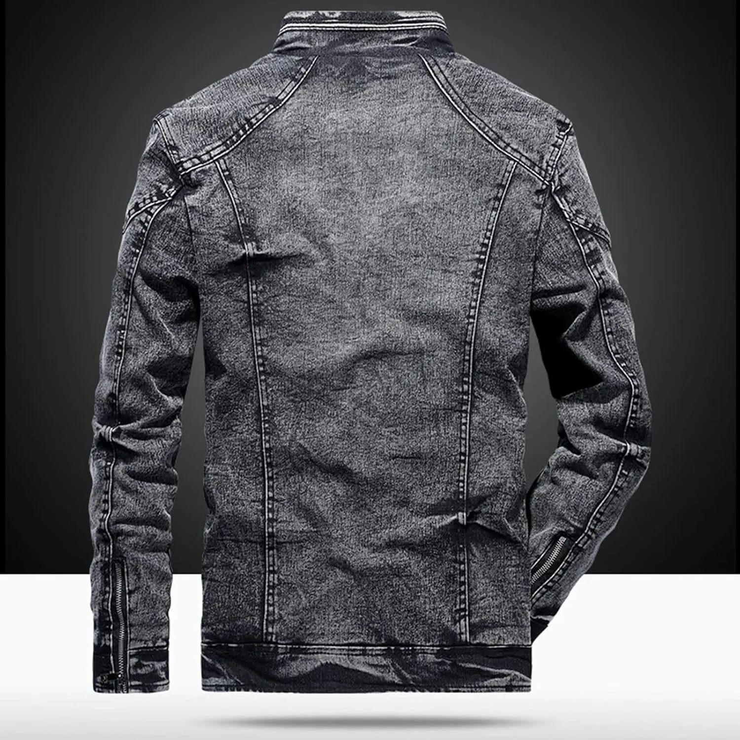 Washed Distressed Denim Fleece Jacket for Men Casual Zip up Stand Collar Faux Fur Lined Trucker Jacket