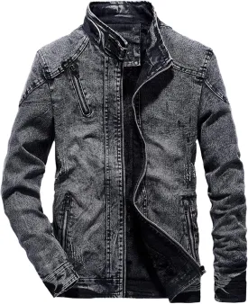 Washed Distressed Denim Fleece Jacket for Men Casual Zip up Stand Collar Faux Fur Lined Trucker Jacket