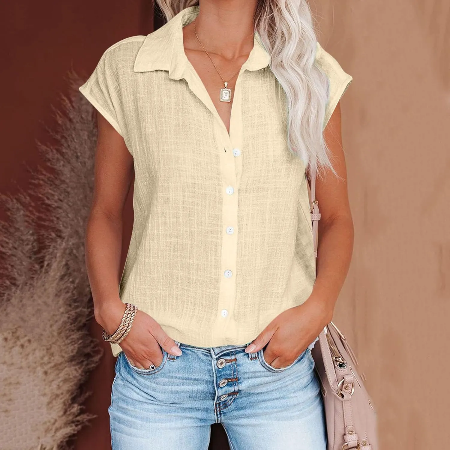 Women Cotton Linen Shirts 2025 V Neck Half Button Down Blouse Casual Cap Sleeve Tops Summer Work Vacation Clothes