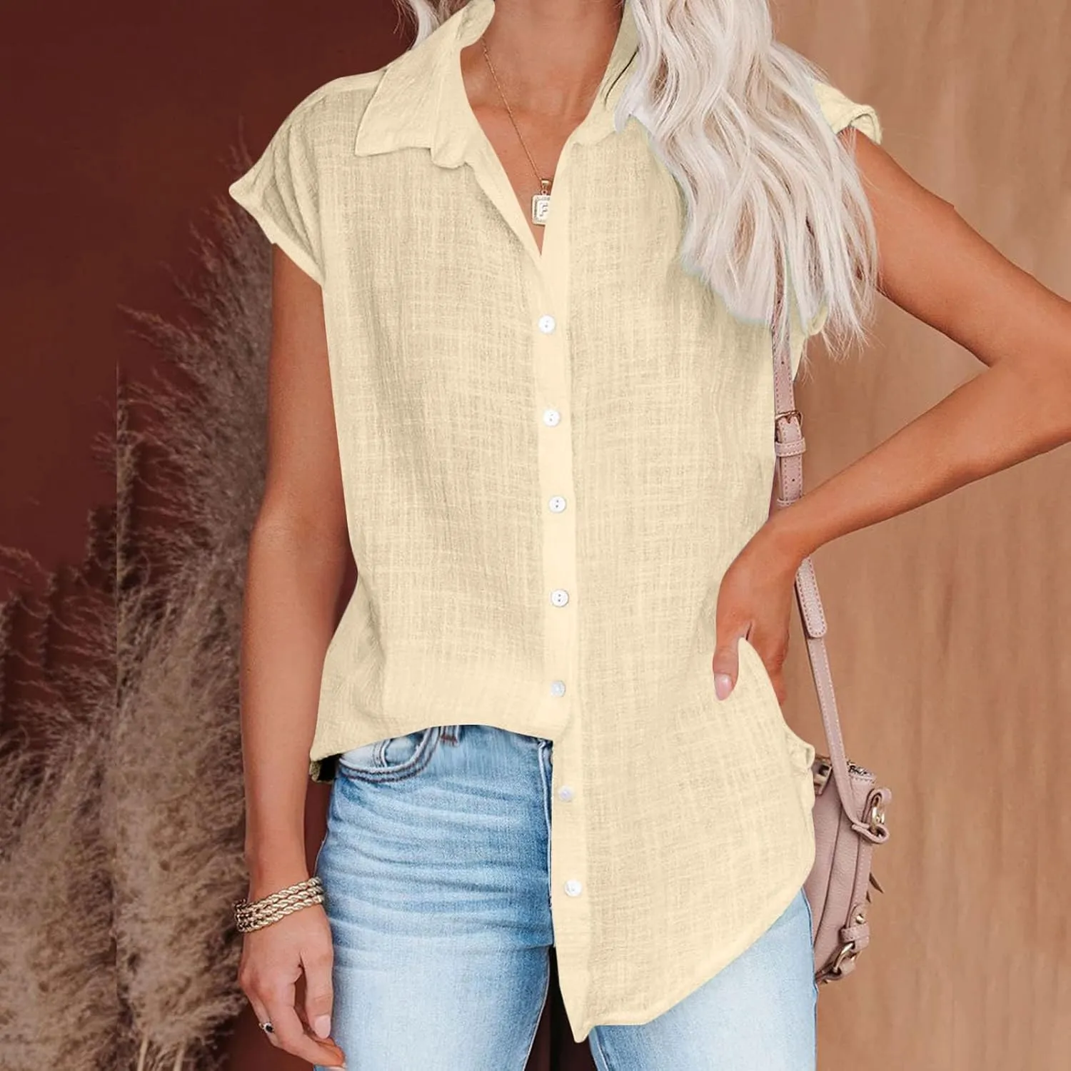 Women Cotton Linen Shirts 2025 V Neck Half Button Down Blouse Casual Cap Sleeve Tops Summer Work Vacation Clothes