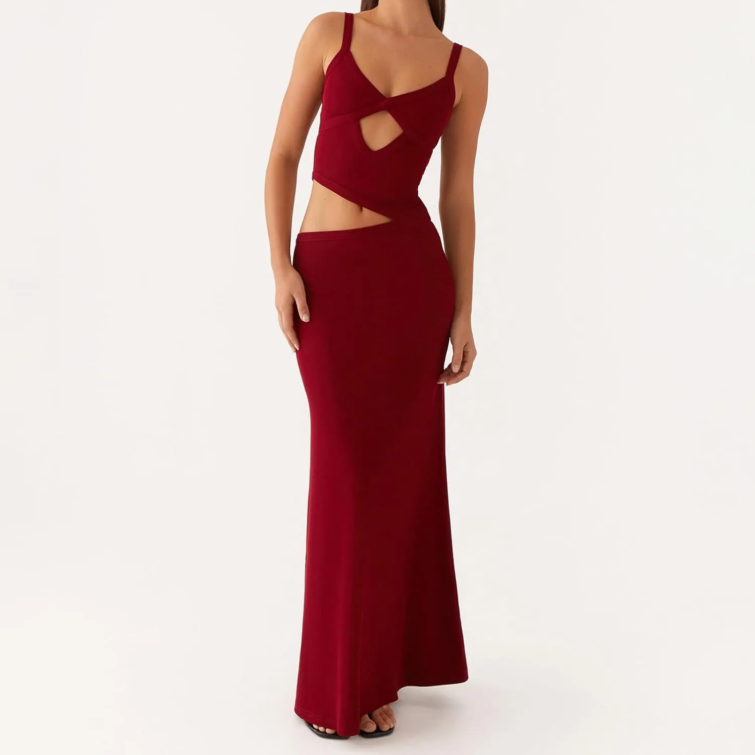Women Sexy Spaghetti Strap Maxi Dresses Cutout Bodycon Cami Long Slip Dress Sleeveless Backless Slim Fit Cami Dress