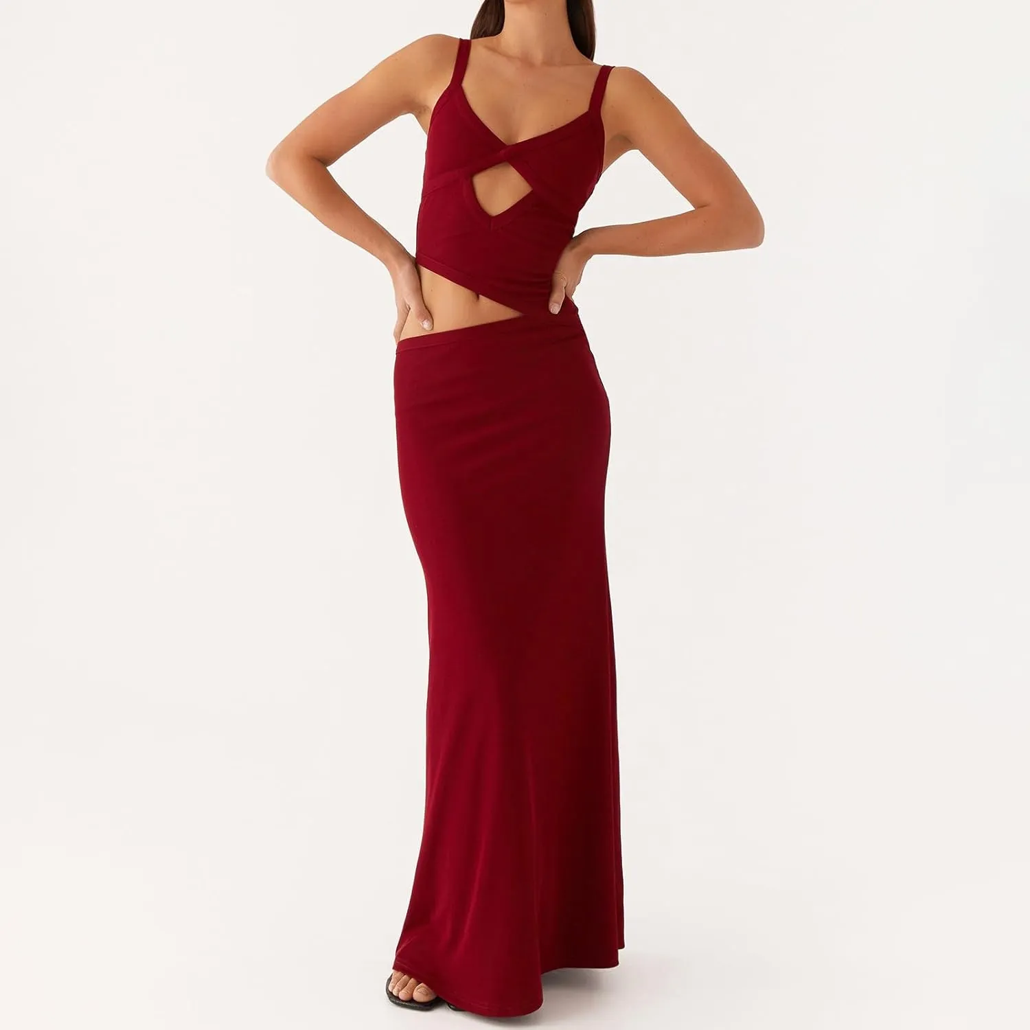 Women Sexy Spaghetti Strap Maxi Dresses Cutout Bodycon Cami Long Slip Dress Sleeveless Backless Slim Fit Cami Dress