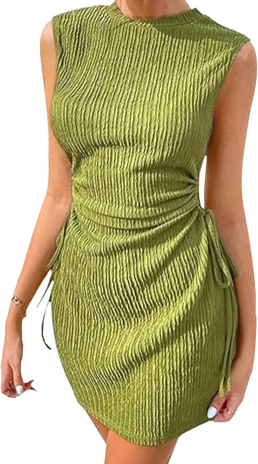 Women Summer Dresses Crewneck Sleeveless Bodycon Cut Out Mini Dress Ribbed Drawstring Ruched Wedding Guest Dress