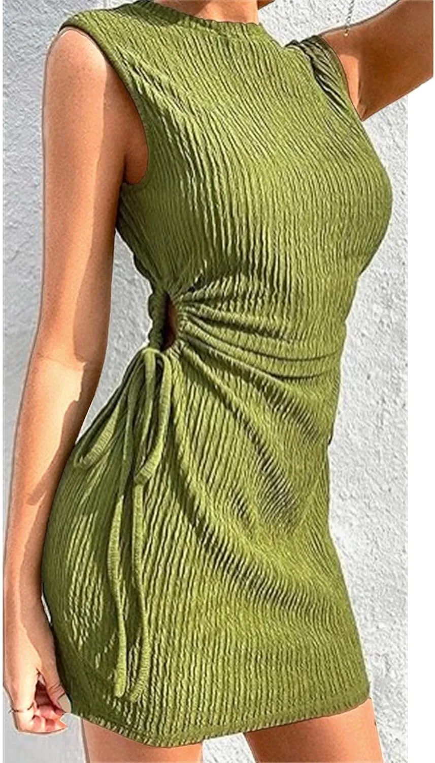 Women Summer Dresses Crewneck Sleeveless Bodycon Cut Out Mini Dress Ribbed Drawstring Ruched Wedding Guest Dress