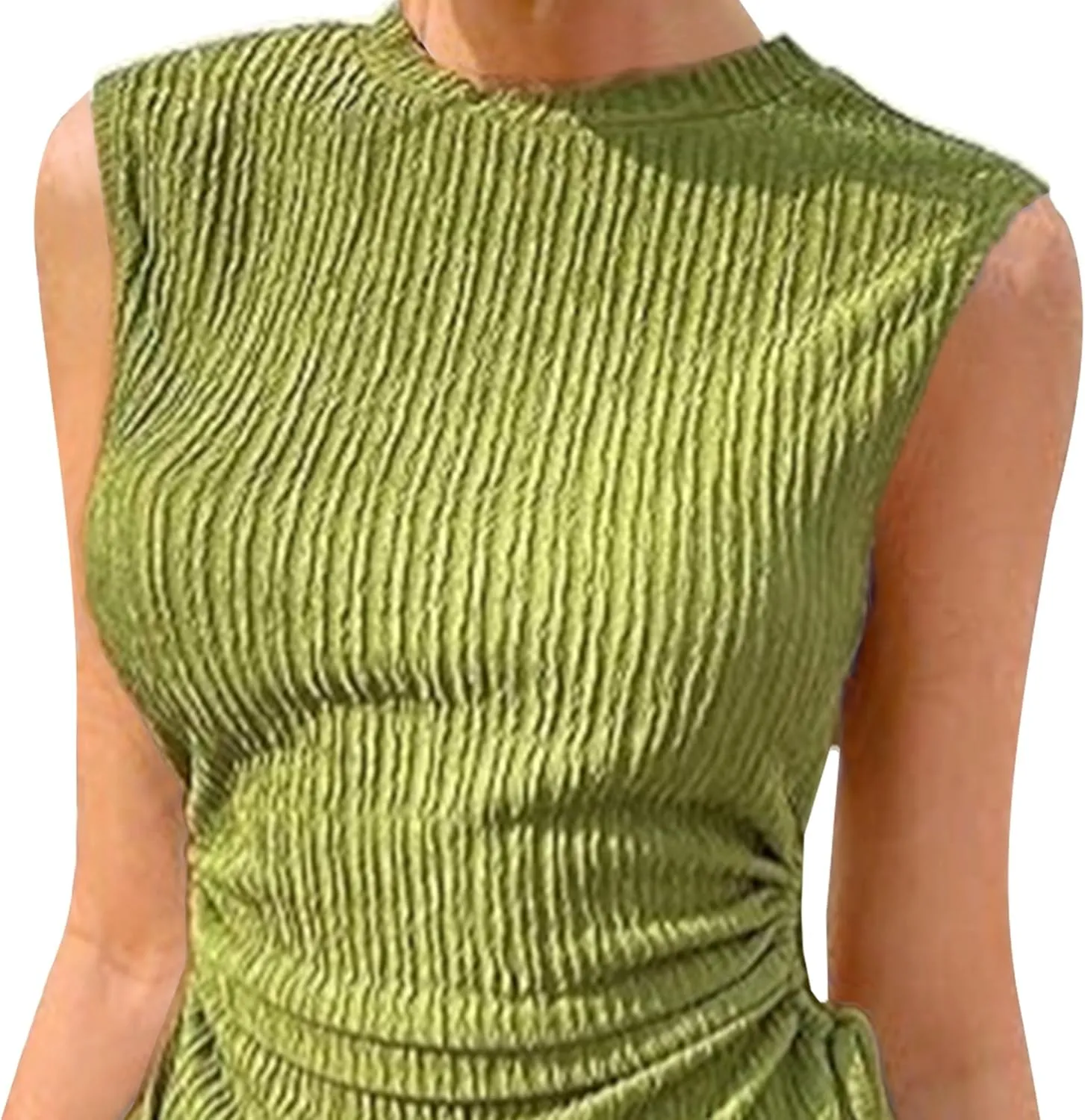 Women Summer Dresses Crewneck Sleeveless Bodycon Cut Out Mini Dress Ribbed Drawstring Ruched Wedding Guest Dress
