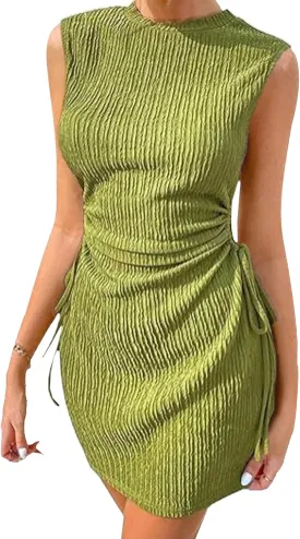Women Summer Dresses Crewneck Sleeveless Bodycon Cut Out Mini Dress Ribbed Drawstring Ruched Wedding Guest Dress