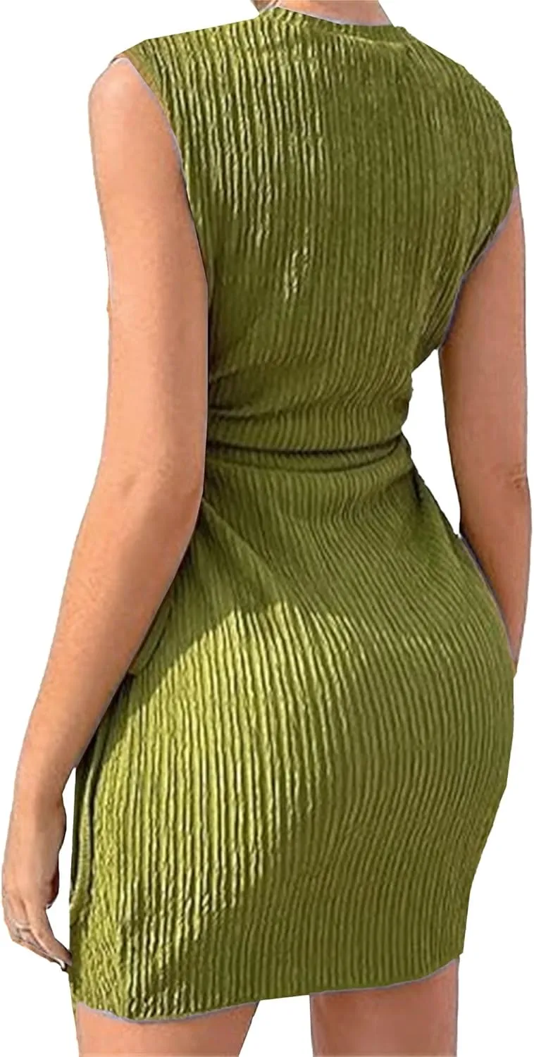 Women Summer Dresses Crewneck Sleeveless Bodycon Cut Out Mini Dress Ribbed Drawstring Ruched Wedding Guest Dress