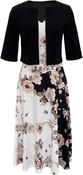 Women's Dress Suit Sets 2 pcs V Neck Floral Print Panel Work Jacket Cardigan Dresses Sleeveless Casual Midi Dresses