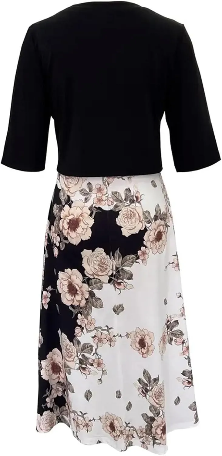 Women's Dress Suit Sets 2 pcs V Neck Floral Print Panel Work Jacket Cardigan Dresses Sleeveless Casual Midi Dresses
