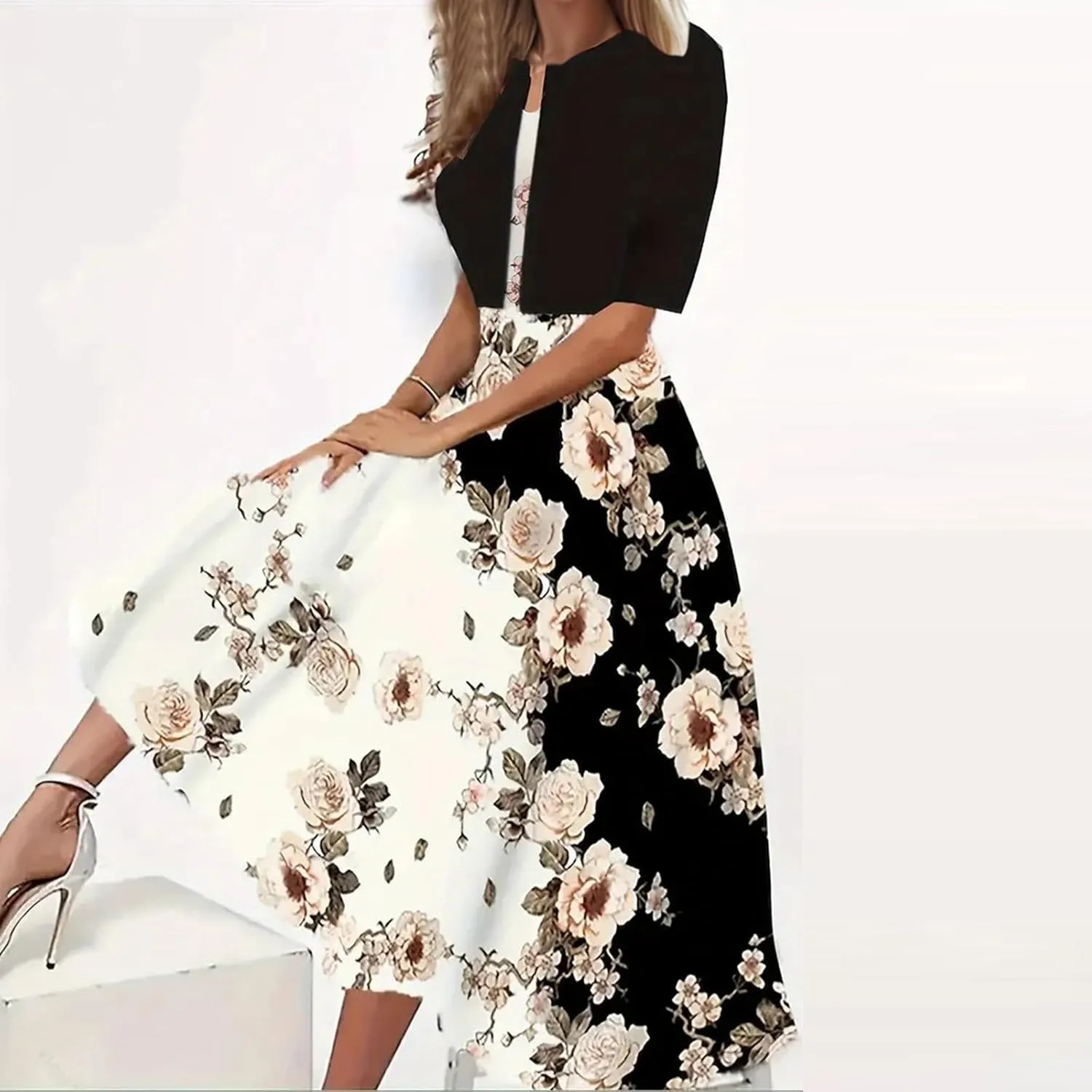 Women's Dress Suit Sets 2 pcs V Neck Floral Print Panel Work Jacket Cardigan Dresses Sleeveless Casual Midi Dresses
