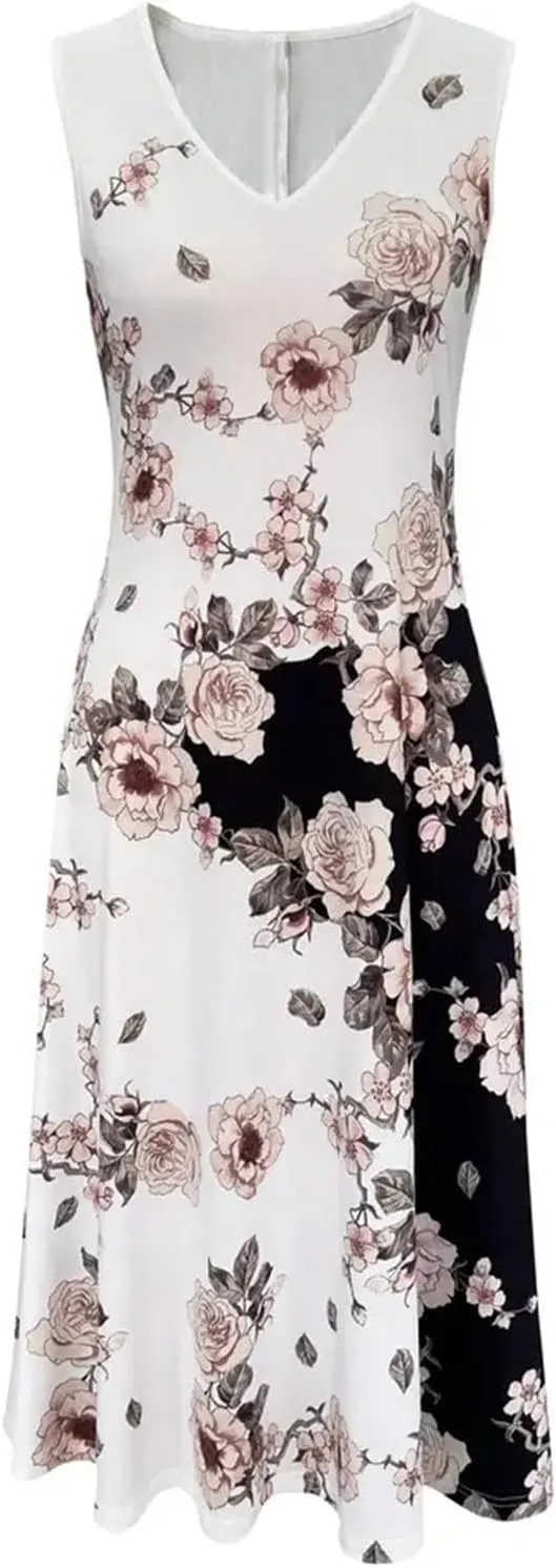 Women's Dress Suit Sets 2 pcs V Neck Floral Print Panel Work Jacket Cardigan Dresses Sleeveless Casual Midi Dresses