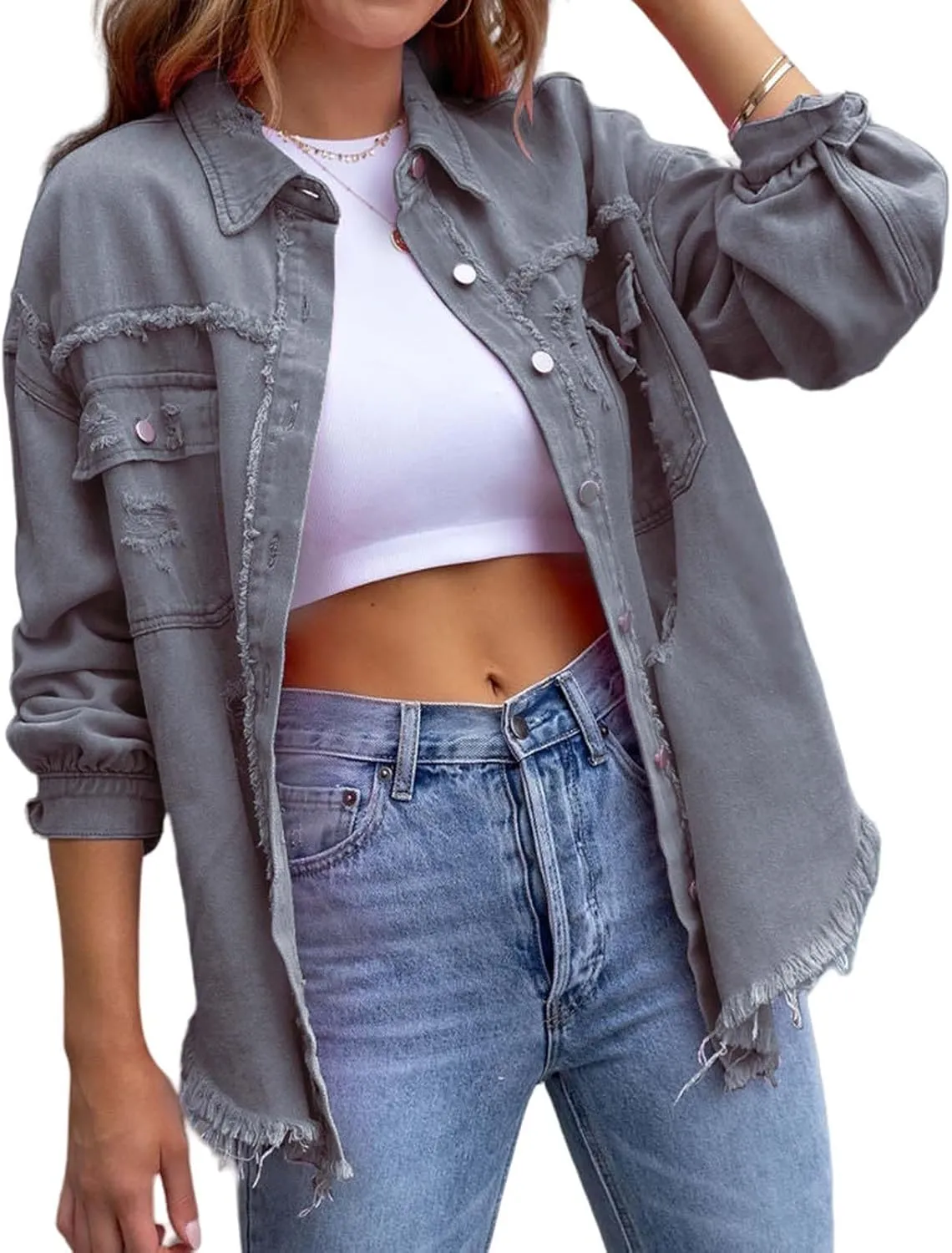 Women's Oversized Denim Jacket Button Up Frayed Hem Shacket Boyfriend Jean Coat Long Sleeve Stretchy Jackets Outfits