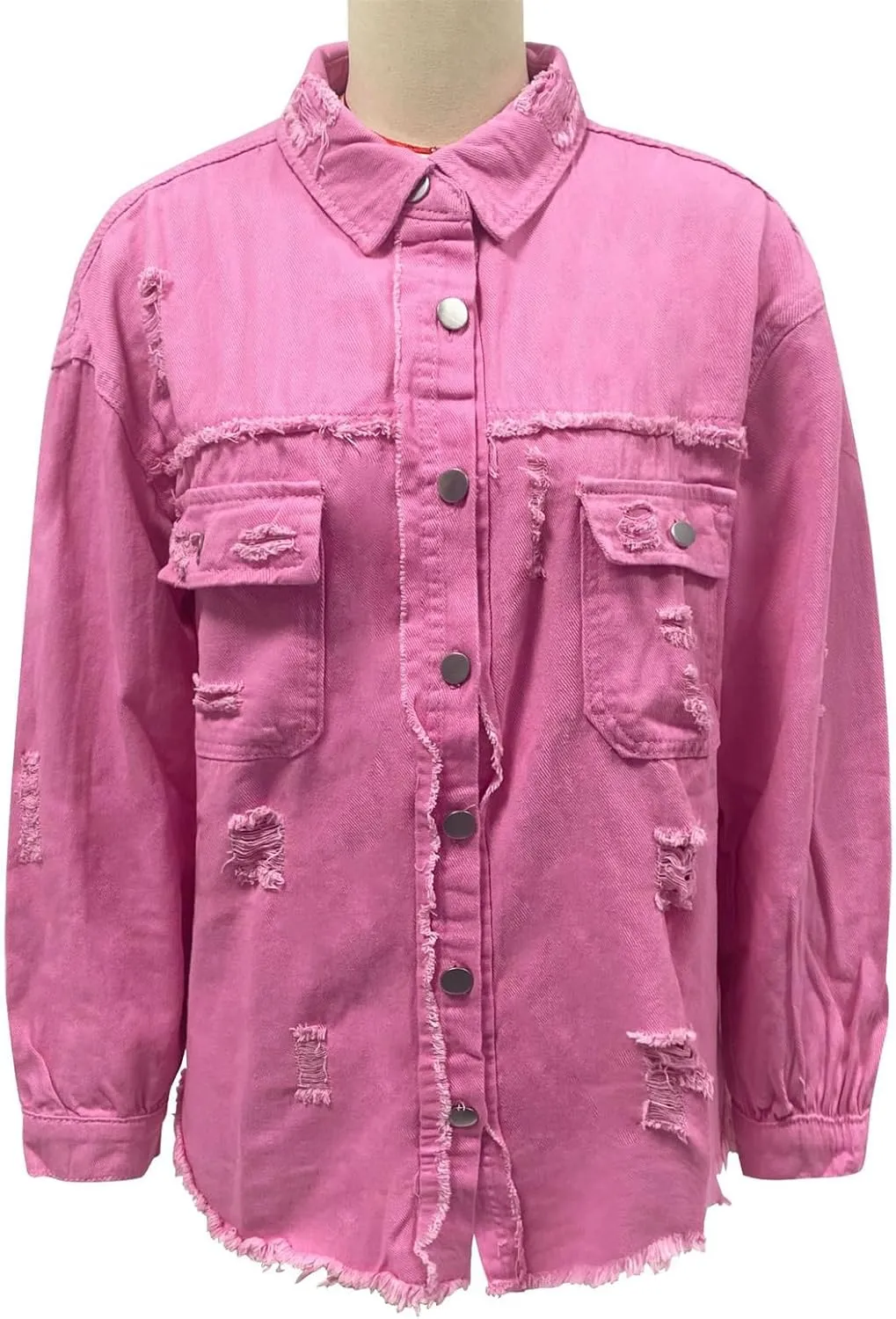 Women's Oversized Denim Jacket Button Up Frayed Hem Shacket Boyfriend Jean Coat Long Sleeve Stretchy Jackets Outfits