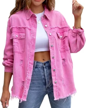 Women's Oversized Denim Jacket Button Up Frayed Hem Shacket Boyfriend Jean Coat Long Sleeve Stretchy Jackets Outfits