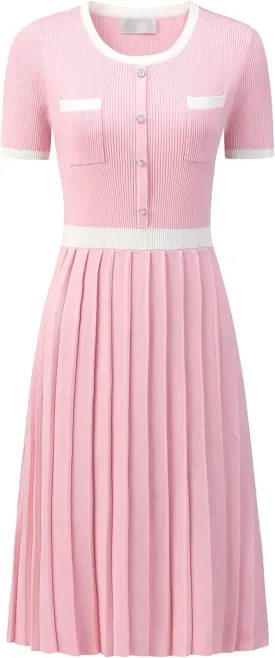 Women's Pleated Sweater Dress Ribbed Contrast Color Elegant Dress