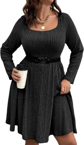 Women's Plus Size Casual Sweater Dress Square Neck Long Lantern Sleeve Tie Waist Loose Pullover Sweater Dresses