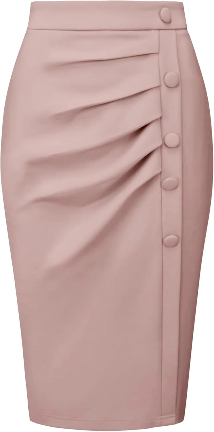 Women's Wear to Work Pencil Skirt Elastic High Waist Ruched Bodycon Midi Skirts