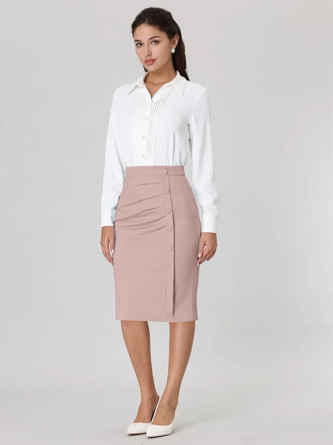 Women's Wear to Work Pencil Skirt Elastic High Waist Ruched Bodycon Midi Skirts