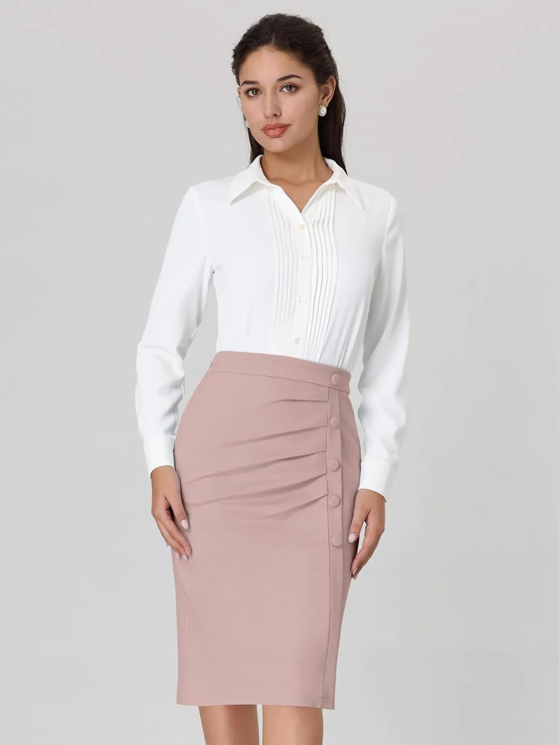 Women's Wear to Work Pencil Skirt Elastic High Waist Ruched Bodycon Midi Skirts